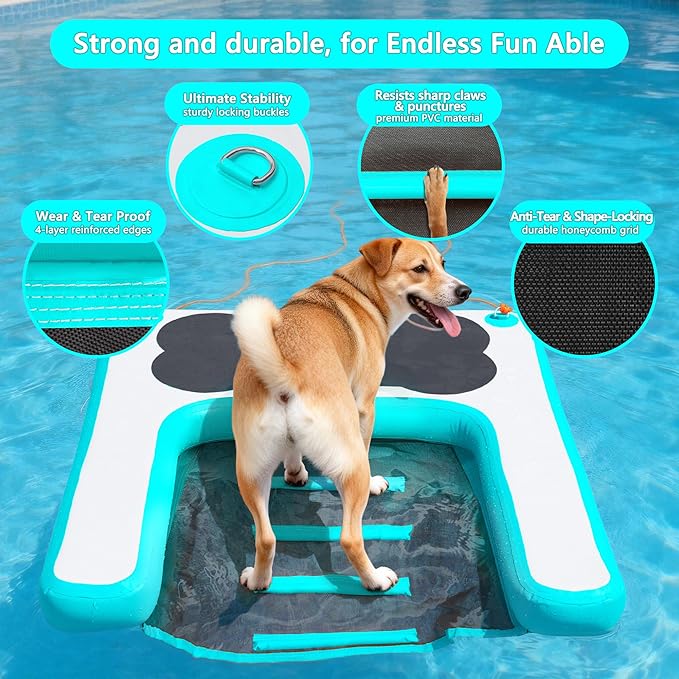 VOFiTNY Dog Pool Ramp 4.6ft x 3.3ft x 4in Inflatable Puppy Water Raft Plank Portable Pup Mat Floating Doggy Floats Ladder Boat Lake Cyan