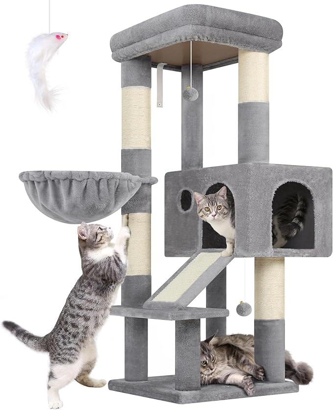 Globlazer Extra Thick Scratching Posts Tower Sturdy 50-inch Corner Cat Tree Tower for Indoor Cats, Cat Tower for Adult Cats with Scratching Board, Kitty Condo, Basket, S50, Light Gray