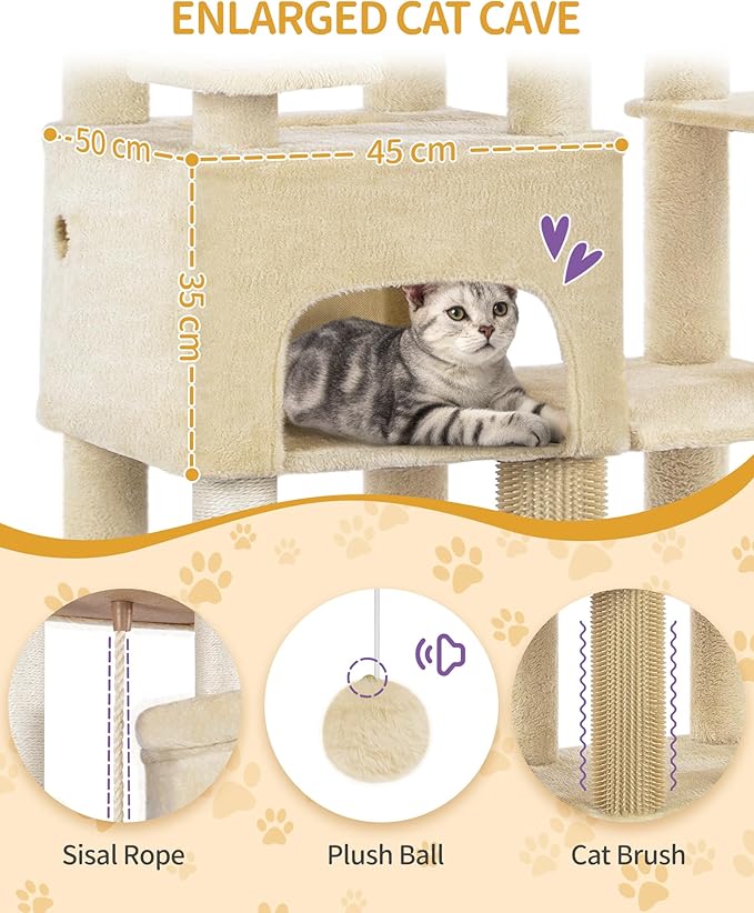 Cat Tree, 78.7" XXL Cat Tree with 10 Scratching Posts, 2 Caves, 2 Hammocks, Large Platform, Cat Brushes, Basket, Heavy Duty Cat Tree for Maine Coons, Large Cats, Beige MS20018YL