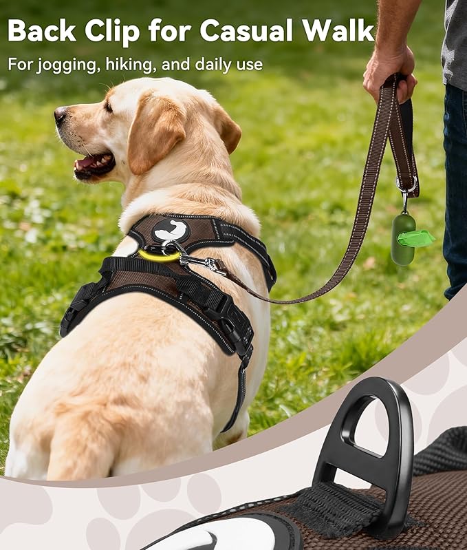 Joytale No Pull Dog Harness for Large Dogs, Reflective Pet Vest with Front Clip, Adjustable Soft Padded Harnesses with Easy Control Handle for Training and Walking, Brown, L