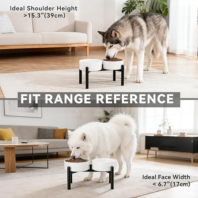 Dog Bowls Elevated - Ceramic Raised Dog Bowl with Non Slip Steel Stainless Stand - No Spill and Heated Feeding Station - Food and Water Dish Set for Medium to Large Pet - Each Holds 7.5 Cups – Grey