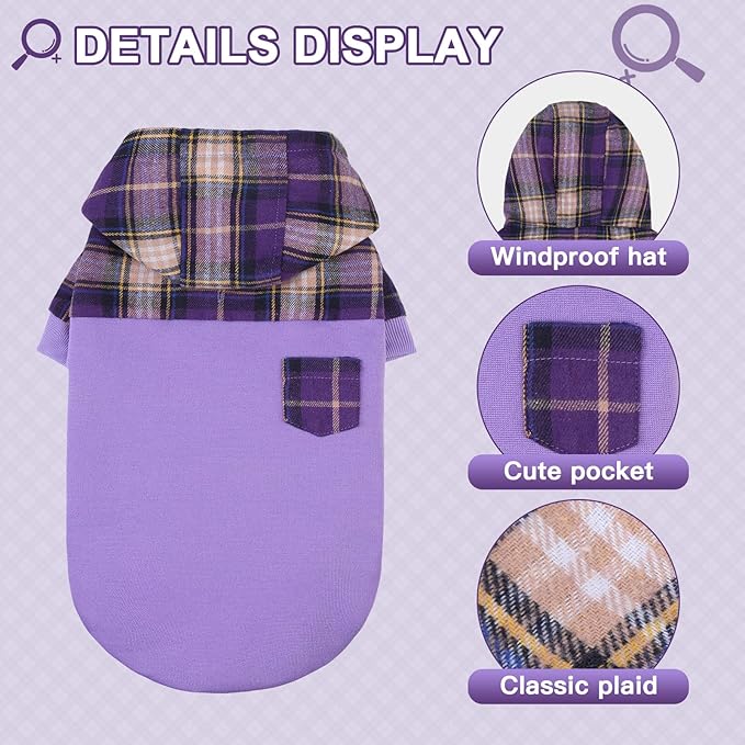 Plaid Dog Hoodie and Sweatshirt, Soft Fleece Pullover with Hat and Leash Hole, Puppy and Bulldog Sizes S M L