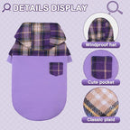 Plaid Dog Hoodie and Sweatshirt, Soft Fleece Pullover with Hat and Leash Hole, Puppy and Bulldog Sizes S M L