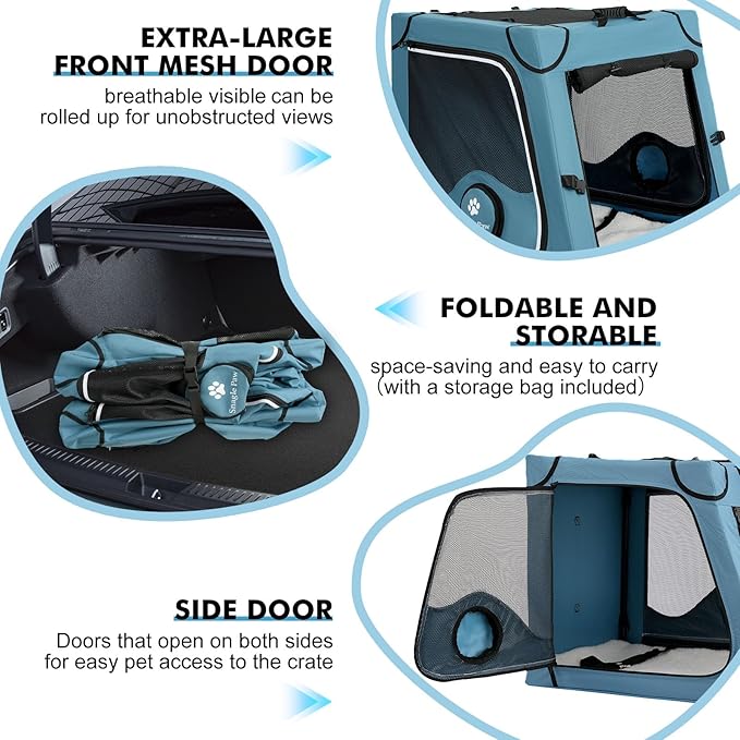 Snagle Paw Portable Dog Crate for Car Travel,Metal Frame Pet Crate,Pet Carrier for Car Back Seat Secures with Headrest Strap and Seatbelt,M
