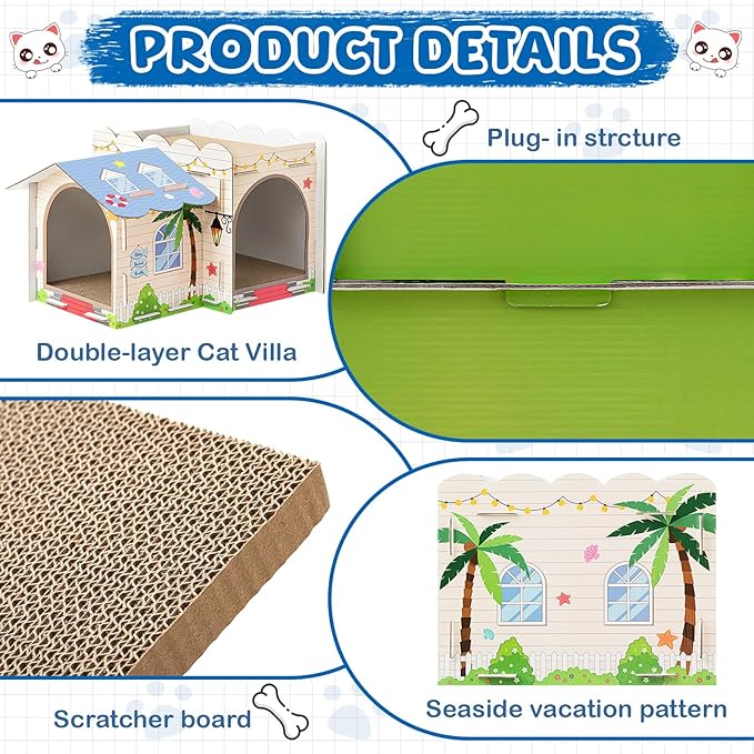 2 Story Cardboard Cat House with Scratcher Pad for Small Kitten,17x12x10 Multi Level Durable Cat Condo & Villa for Bunny Rabbit Small Animals Christmas Birthday Gift(17x12x10,Beach)