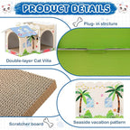 2 Story Cardboard Cat House with Scratcher Pad for Small Kitten,17x12x10 Multi Level Durable Cat Condo & Villa for Bunny Rabbit Small Animals Christmas Birthday Gift(17x12x10,Beach)