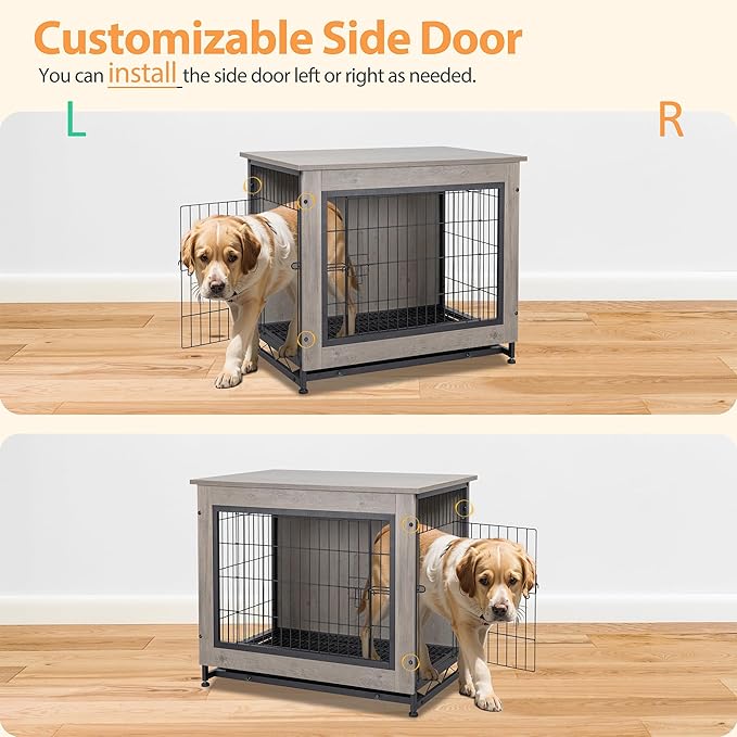 Shintenchi Dog Crate Furniture, Double-Doors Kennel Indoor with Removable Tray, End Table Dog House for Small Breed, 27.2" L, Grey