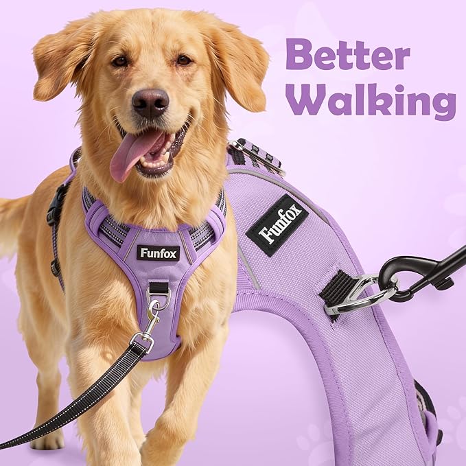 Funfox Dog Harness No Pull, Adjustable Pet Vest Harness, Super Soft Material with Vertical Handle Easy Control, Reflective Night Walking, 2 Leash Clips for Large Dogs, Purple, L