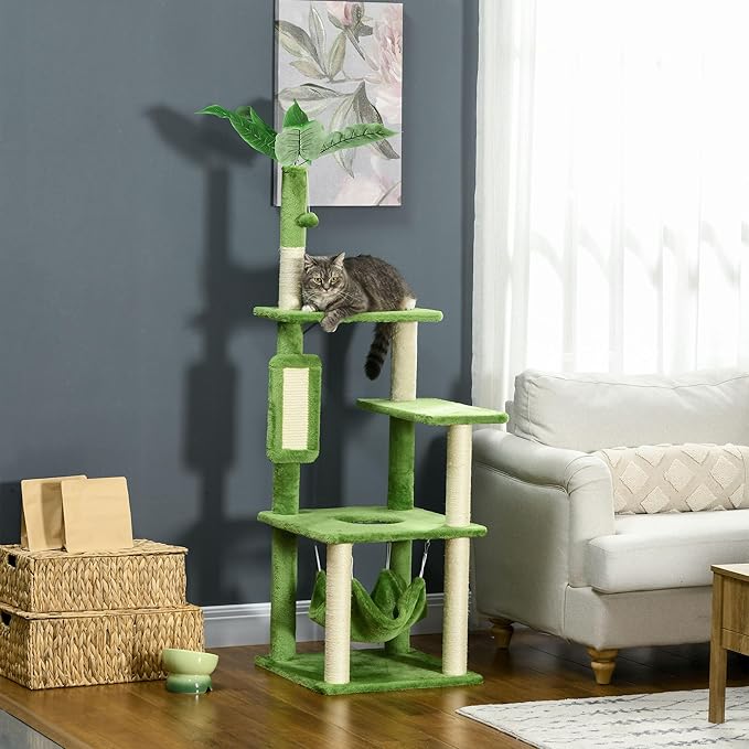 56" Cat Tree for Indoor Cats with Hammock, Scratching Posts & Play Ball, Multi-Level Cat Tower with Anti-Tip Device, Plush Perches & Sisal Rope (Green, 19.25x19.25x56 Inches)