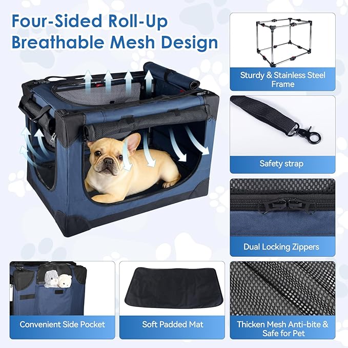 Soft Small Dog Crate - 24 inch Portable Travel Puppy Crate for Small Pets or 2 Cats, Collapsible Pet Carrier with 4 Mesh Doors, Car Kennel for Dogs with Handle for Indoor and Outdoor, Bule