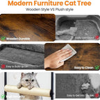 Wood Modern Cat Tree Tower for Indoor Large Cats, 48-Inch Tall Wooden Cat Trees with Big Perch Bed, Multi-Level Condo with Scratching Board Posts, Removable Pads, Cat Furniture, Rustic Brown