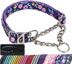 Martingale Dog Collar with Steel Chain, Adjustable Reflective Nylon & Soft Padded - for Medium, Large, XL, XXL Dogs for Training,Walking Pet Collar (Purple Flowers M)