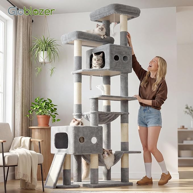 Globlazer Multi-Level Extra Large Tall Cat Tower 83 inch Sturdy Heavy Duty Cat Tree for Indoor Large Adult Cats Kittens with 2 Cat Condo, 8 Scratching Post, 2 Hammock, S83G, Light Grey