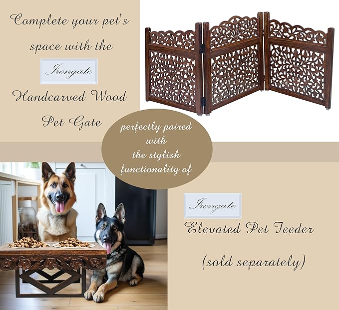 Wooden Foldable Pet Dog Safety Gate - 3 Panel 20" W x 24" H - Hand Carved Mahanadi Free Standing Portable Indoor Puppy Gate - Doorway Hall Stairs Dog Fence - Assembled - Brown - IRONGATE