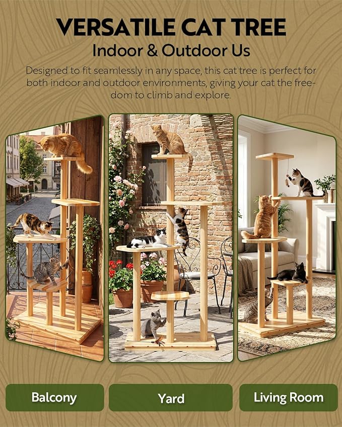 60" Tall Outdoor Cat Tree, Cat Tower Weatherproof for Patio, Garden, Balcony, Durable 4-Tier Natural Wood w/Scratching Posts for Multiple Cats,Outside&Indoor Adult Cats and Kittens Play, Climbing