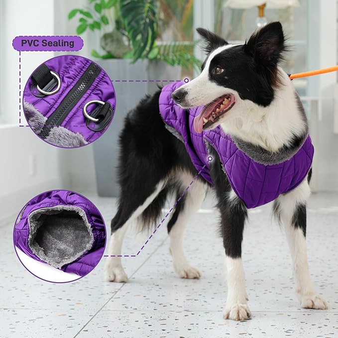 Warm Fleece Dog Coats with Durable Harness Buitl in D-Ring,Waterproof Doggie Jacket for Large Dogs,Dog Vest for Cold Winter,Purple XXL