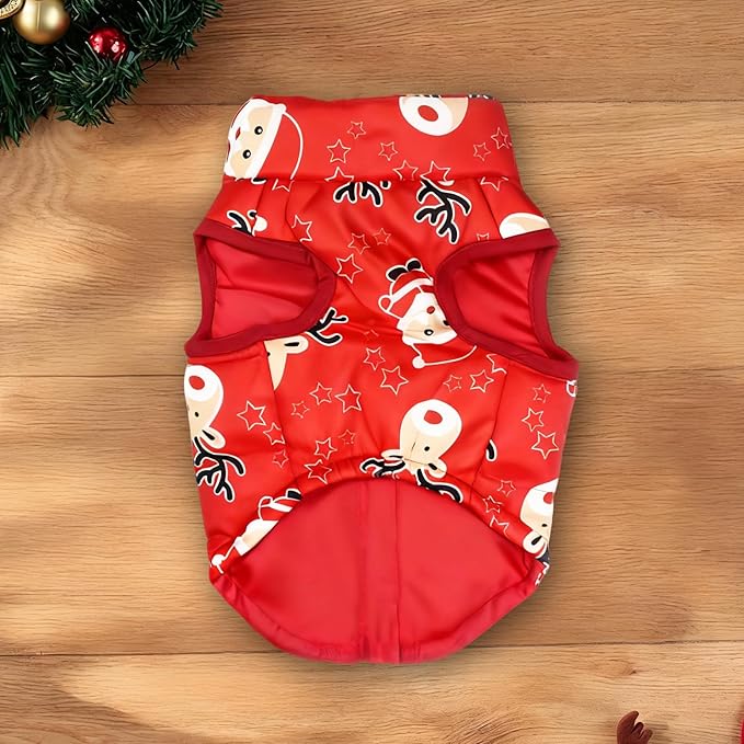 Idepet Pet Dog Cat Coat with Leash Anchor Color Patchwork Padded Puppy Vest Jacket Teddy Chihuahua Costumes Pug Cloth XS S M L(Medium,Red-Santa&Reindeer)