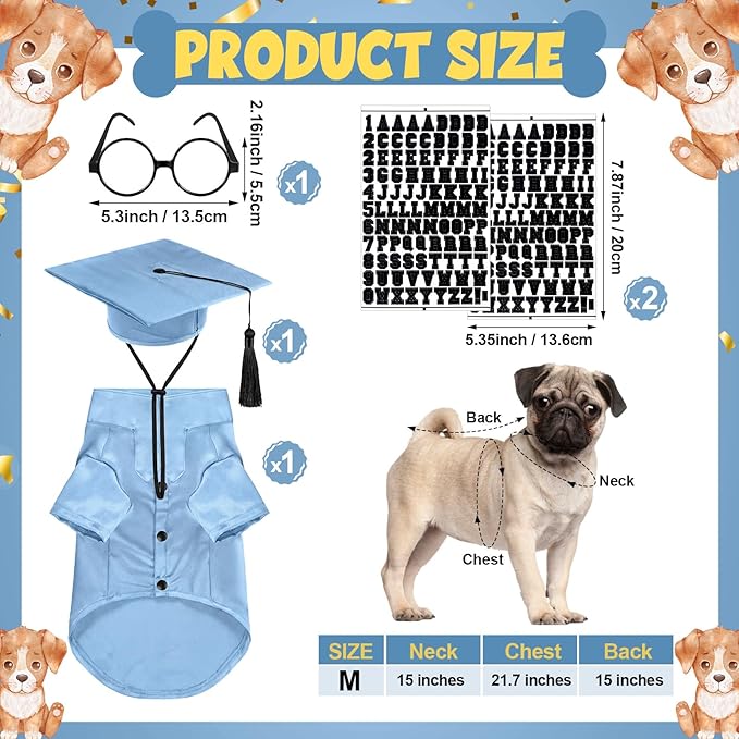 5 Pcs Dog Graduation Costume Set Include 2026 Pet Graduation Gown with Stole Puppy Grad Cap Lensless Glasses DIY Letter Stickers for Dogs Cats Holiday Costume Accessory(Light Blue,M)