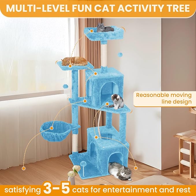 Cat Tree, 54-Inch Cat Tower for Indoor Cats,Plush Multi-Level Cat Condo with Scratching Posts, Basket, Perches,2 Caves,2 Pompoms(Blue)