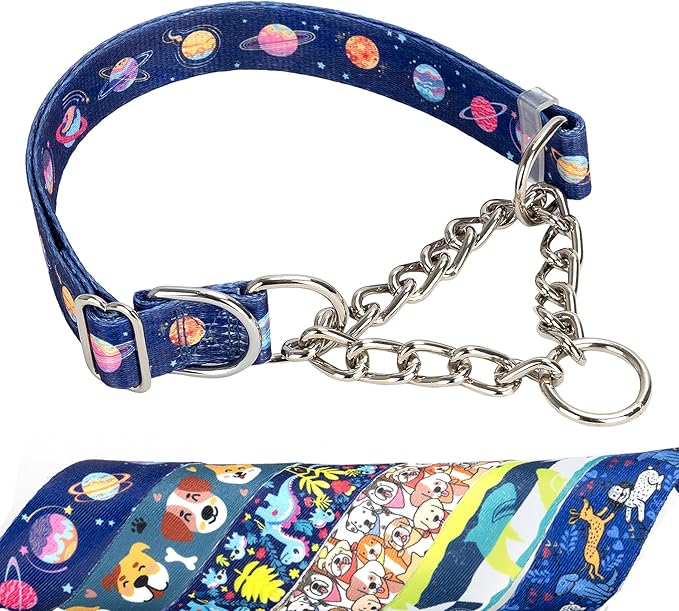 Martingale Dog Collar with Chain,Blue Space Pattern No-Pull Dog Collar - Adjustable Training Collar with Chain & Safe Control for Medium, Large & XL Dogs (Large)