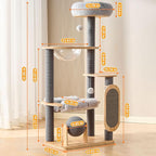 HITTITE Solid Wood Cat Tree Tower with Scratching Post, 53 Inches Tall Cat Towers with Scratching Board and Scratcher Ball, Modern Cat Tower with Space Capsule and Removable Top Bed for Indoor Cats