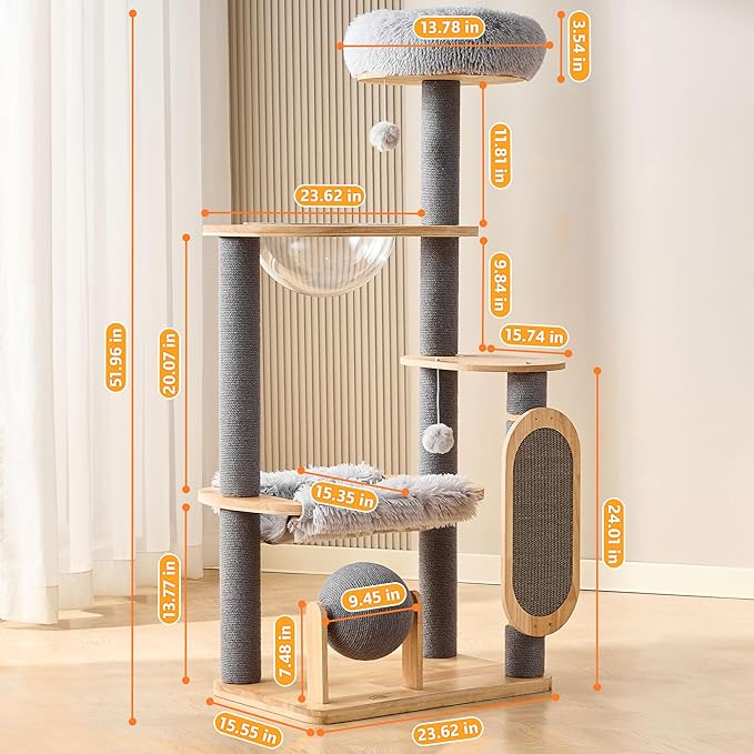 HITTITE Solid Wood Cat Tree Tower with Scratching Post, 53 Inches Tall Cat Towers with Scratching Board and Scratcher Ball, Modern Cat Tower with Space Capsule and Removable Top Bed for Indoor Cats