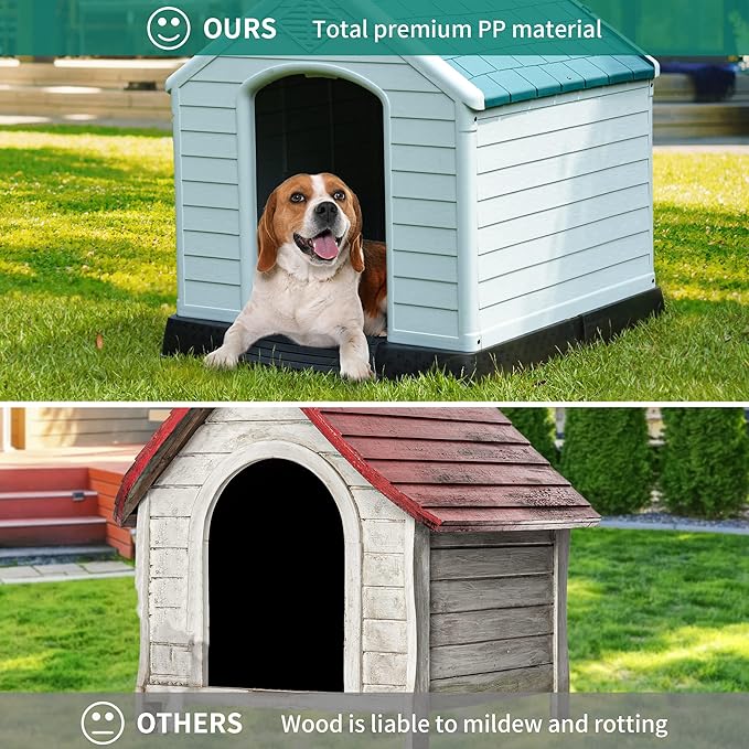 YITAHOME Plastic Dog House, Waterproof Indoor Outdoor Doghouse for Large or Small Dog, with Air Vents and Elevated Floor, Easy Assemble and Clean