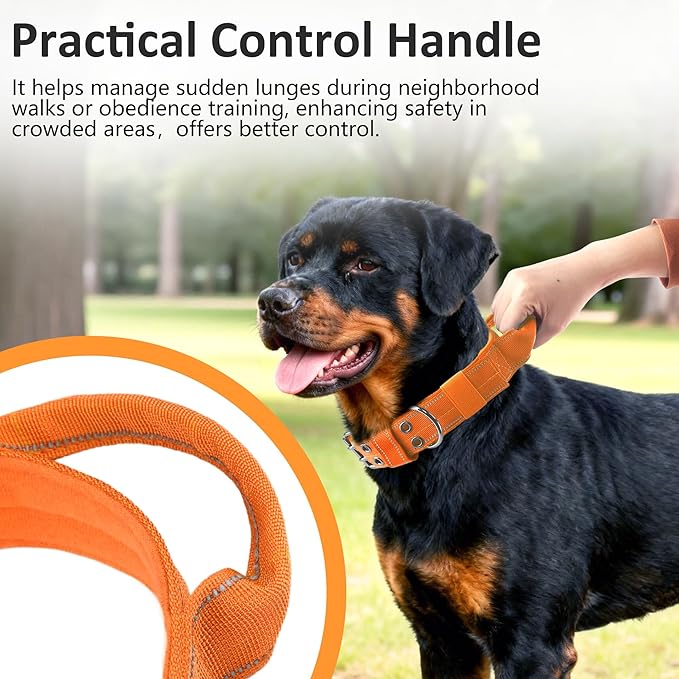 Tactical Dog Collar with Control Handle, Military Adjustable Pet Collar Reflective Heavy Metal Buckle Dog Collar, Soft Nylon Training Collar for Medium Large Dogs (Orange, X-Large)