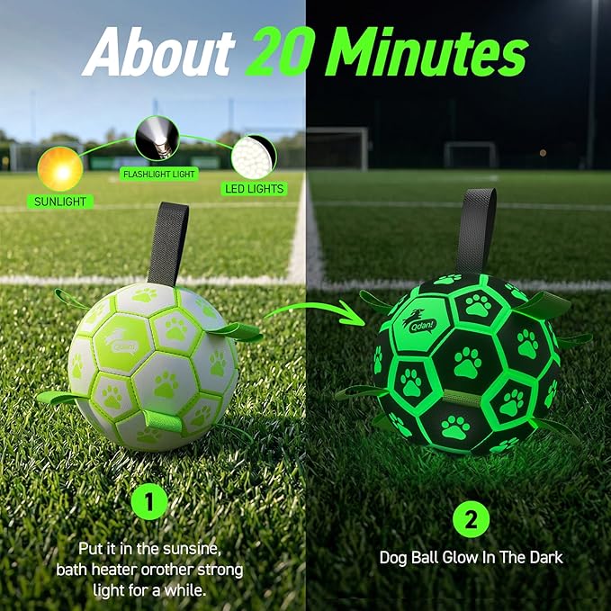 QDAN Glow in The Dark Dog Toys Soccer Ball with Straps - Light Up Dog Balls for Large Dogs, Interactive Dog Toys with Strap for Tug of War,Puppy Birthday Gifts (8 Inch)