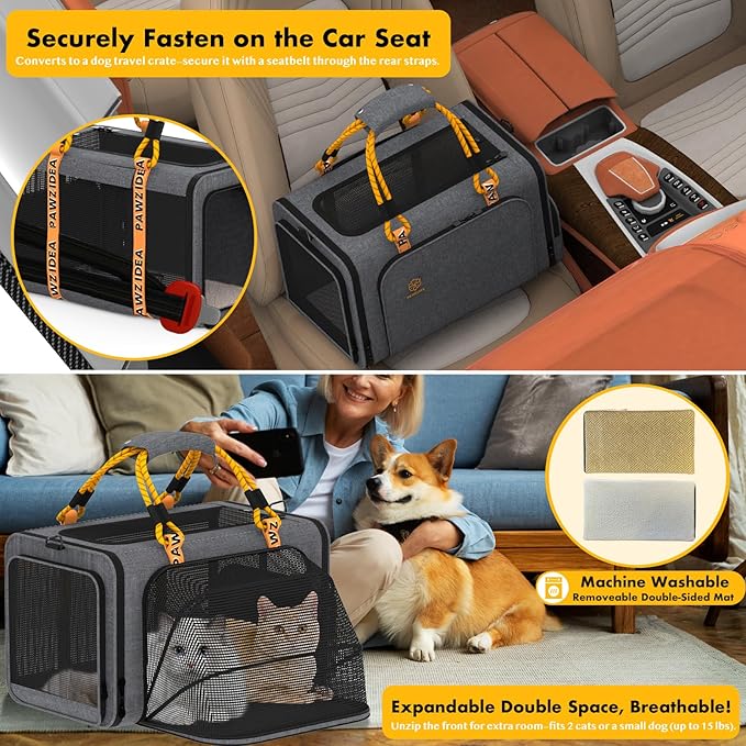 PAWZIDEA Expandable Pet Carrier Airline Approved, 18"×11"×11" Small Dog Carriers, Collapsible Top-Load Cat Carrier for 2 Cats Under Seat, Soft-Sided Puppy & Animal Travel Bag, ID Card, Up to 15lbs
