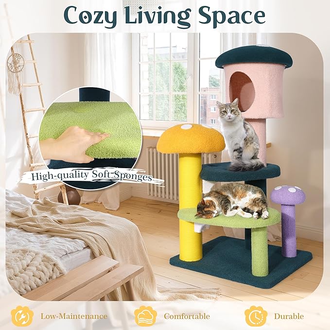 NUNU LAB Mushroom Cat Tree, Multi-Level Cat Tower, Mushroom Cat Scratching Post, Cute Cat Tower, with Cat Scratching Post, Cat Bed & Interactive Balls, for Indoor Cats (C-067, 26.8 * 22.8 * 55.1)