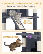 Large Cat Tree, 72 Inch Tall Indoor Cat Tower for 6 Large Cats, Corner Climbing Activity Pet Condo with 2 Large Platforms/2 Cats House/6 Scratching Post/1 Hanging Basket, Dark Gray MS18318SG