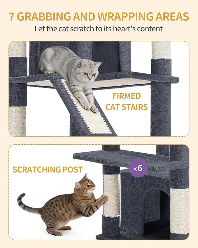 Large Cat Tree, 72 Inch Tall Indoor Cat Tower for 6 Large Cats, Corner Climbing Activity Pet Condo with 2 Large Platforms/2 Cats House/6 Scratching Post/1 Hanging Basket, Dark Gray MS18318SG