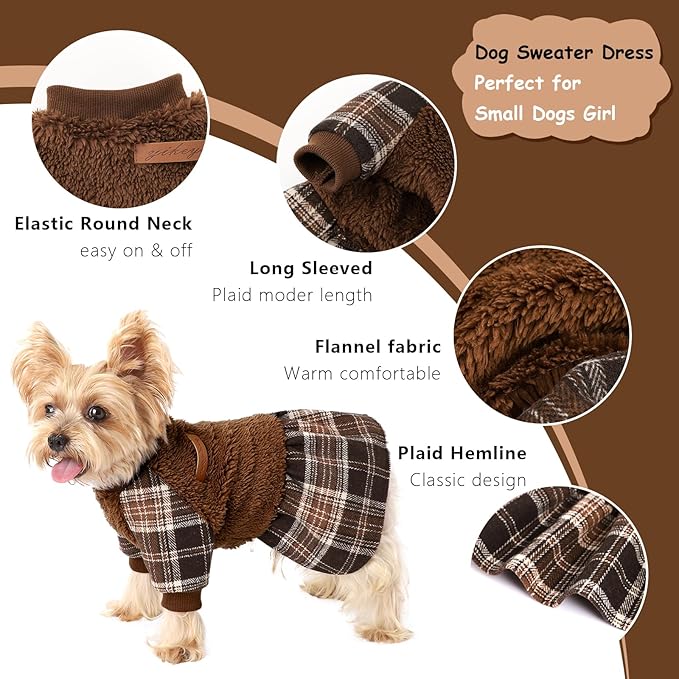 Dog Sweater Dog Clothes for Small Dogs Boy Girl Fall Puppy Dress Warm Fleece Chihuahua Yorkie Teacup Doggie Sweaters Dresses Doggy Sweater for Small Dogs Girl Cat Outfit, Brown, XXS