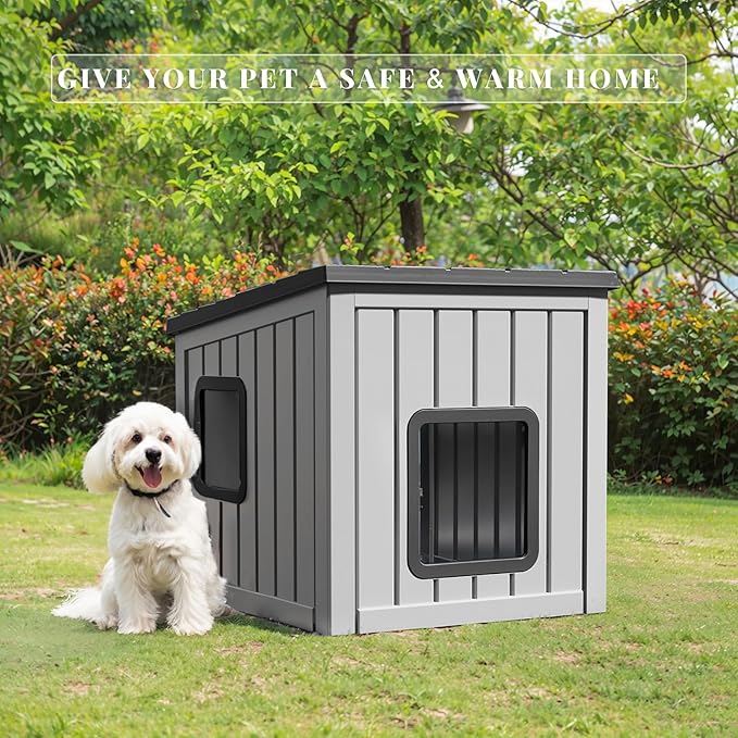 DRATO Outdoor Dog House Indoor and Outdoor with Sloped Roof Resin Material Weatherproof Roof Removable Floors for Small to Middle Sized Dogs Easy to Assemble (Gray, 24.65 * 21.5 * 22.21)