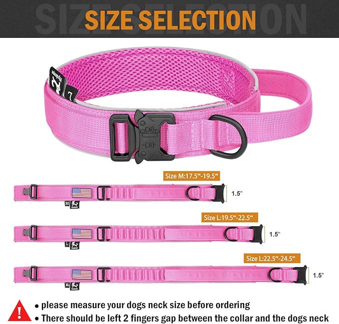 HYDEME Tactical Dog Collar, Alpine Loop Adjustable Military Training Nylon Dog Collars with Handle and Reflective for Small Medium Large Dogs, with Airtags Protective Case & Patches.(M,Pink)