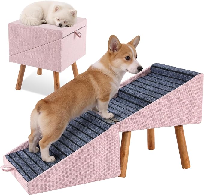 17.13" H Dog Stairs for Small Dogs, 2-in-1 Pet Steps & Ottoman - Foldable Dog Stairs for Couch, Non-Slip Wooden Pet Stairs for Puppy Senior Injured Dogs