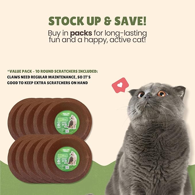 Cardboard Cat Scratchers Pack, Long-Lasting Cardboard Cat Durable Scratching Pads to Protect Furniture, Sturdy Corrugated Design, Safe for Claws (B-Scratcher Round Pack x 10)