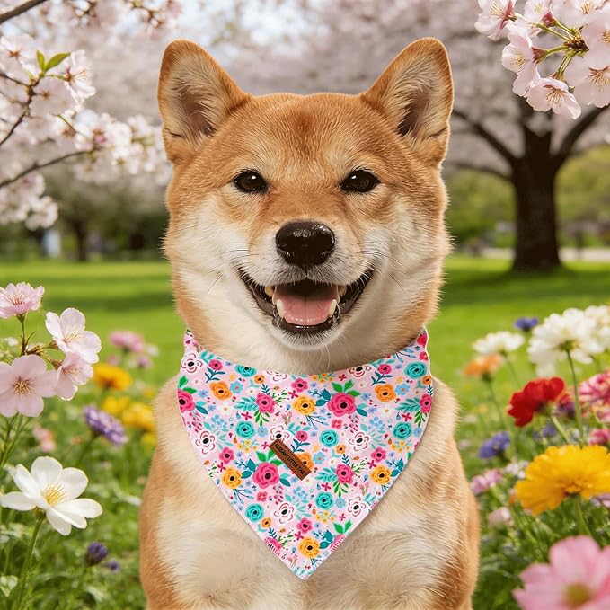 Elegant little tail Dog Bandana, Pink Rose 1PC Washable Dog Scarf Female or Male Square Bib Kerchief Scarf Adjustable Pet Bandana for Medium Large Dogs