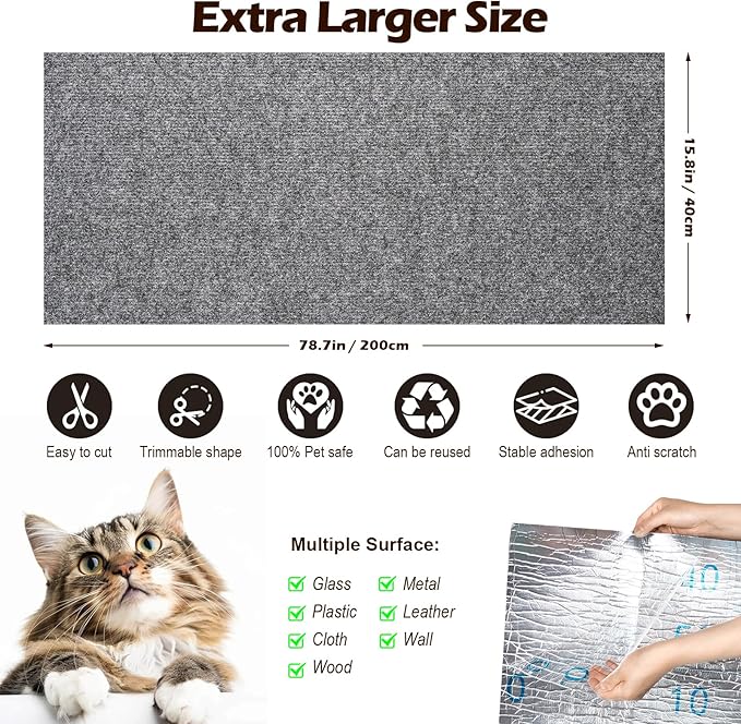 Cat Scratch Mat - 78.74"x15.74" Self-Adhesive Anti Scratching Pad for Couch, Trimmable DIY Cat Sofa Furniture Wall Cat Tower Protector, Replacement Pads for Pet Couch Protector from Claws Light Gray