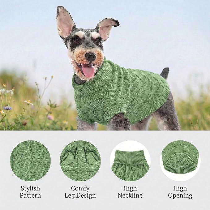 Dog Pullover Sweater, Cable Knitwear, Classic Turtleneck Warm and Soft Clothes for Chihuahua, Bulldog, Dachshund, Pug, Yorkie,Dog Outfits for Small Dogs Medium Dogs, (Green M)…