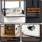 Wood Modern Cat Tree Tower for Indoor Large Cats, 48-Inch Tall Wooden Cat Trees with Big Perch Bed, Multi-Level Condo with Scratching Board Posts, Removable Pads, Cat Furniture, Rustic Brown