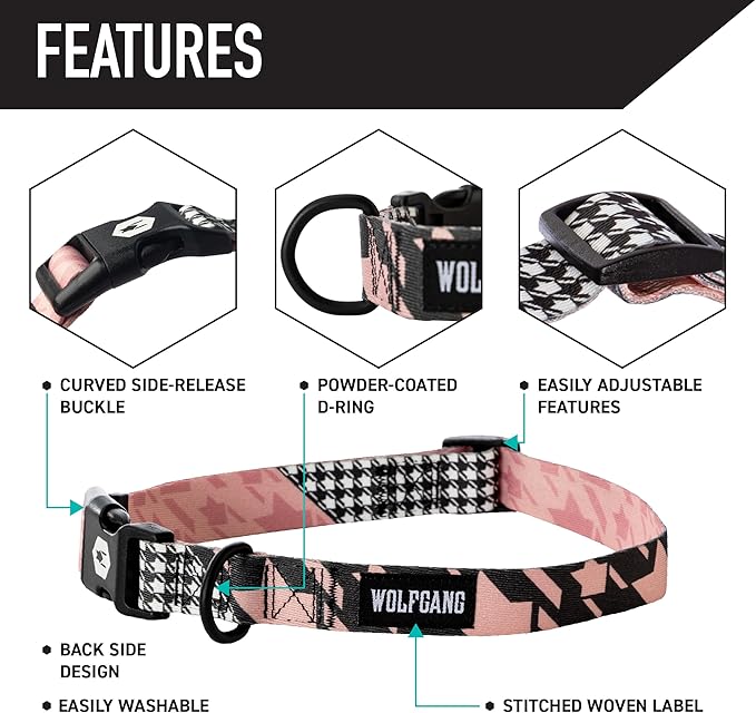 Wolfgang Heavy Duty Martingale Dog Collar with Quick Release Nylon Buckle for Walking & Training, HoundsPink Print, Small