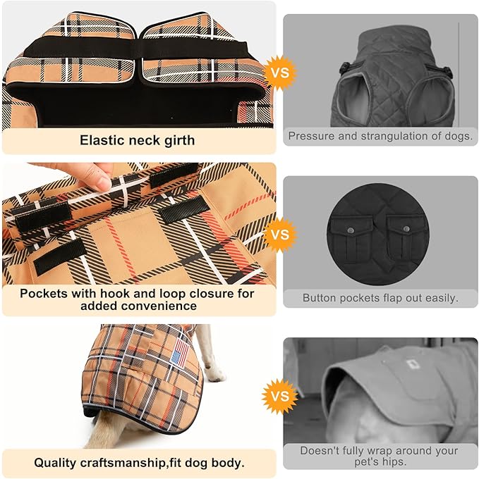 BEAUTYZOO Dog Winter Coat for X-Large Dogs Waterproof, Warm Reflective Great Dane Oxford Canvas Jacket, Fleece Dog Cold Weather Coats Windproof for Female Male Dogs, Khaki Plaid XL