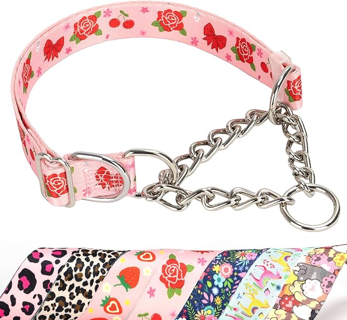 Martingale Dog Collar with Chain - Rose Flower Pattern Adjustable Anti Pull Training Collar Soft & Durable Design for Medium, Large & XL Dogs (XL, Rose Flower)