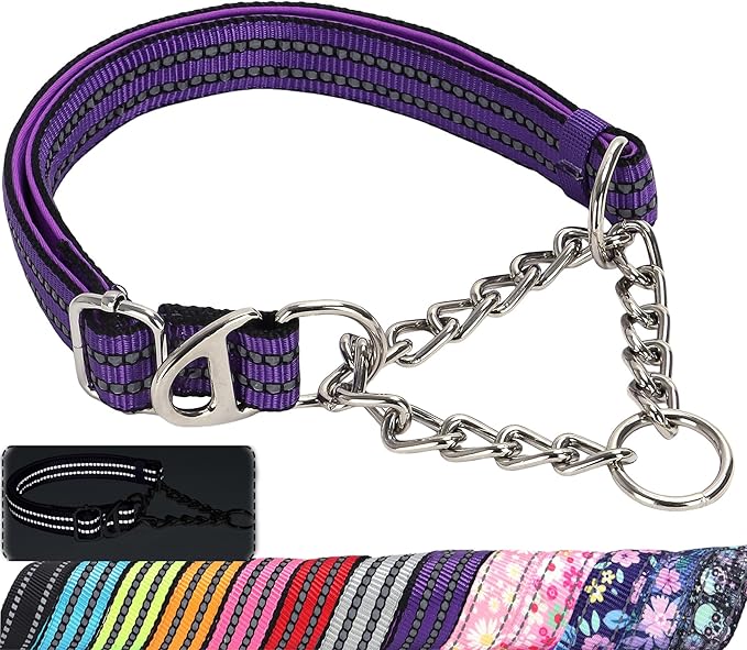 Reflective Martingale Dog Collar，Trainer Approved Limited Slip Collar with Chain Heavy Duty D-Ring Adjustable for Gentle & Effective Medium Large XL XXL Dogs （Purple L）