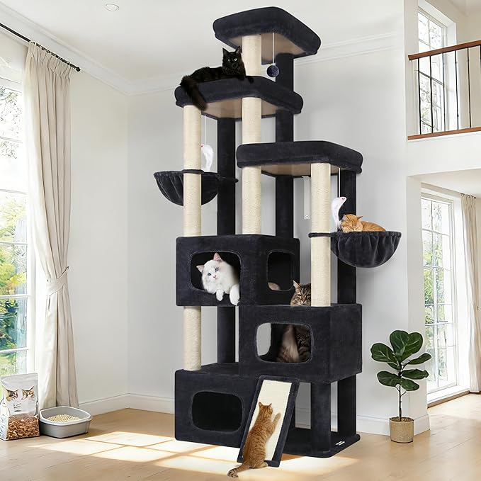 Globlazer 85 Inch Tall Cat Tree for Large Cats, Multi-Level Cat Tower for 4+ Cats with 3 Condos, 2 Hammocks & Sisal Posts, Heavy Duty Cat Tree Tower for Maine Coon, S85, Dark Grey