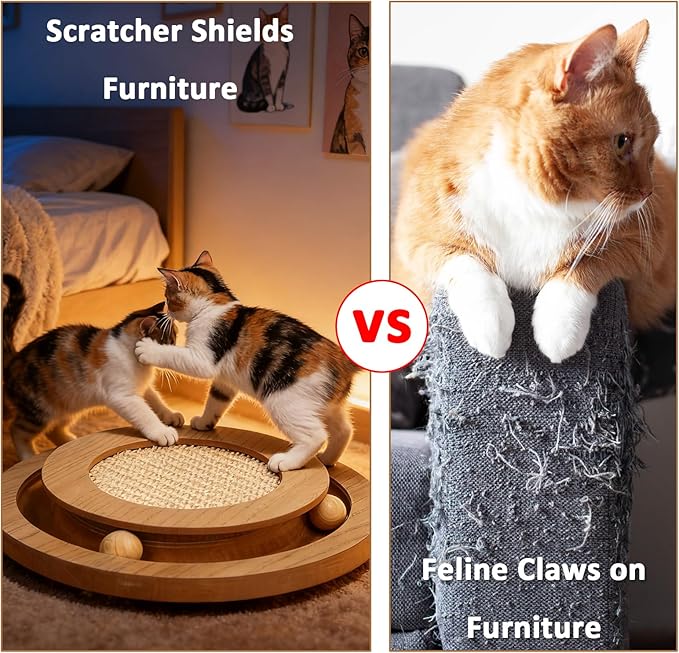 Cat Scratcher Round Natural Sisal Scratching Pad Interactive Scratcher Toys for Indoor Small Cats and Kitten Chasing Hunting Mental Physical Exercise Puzzle