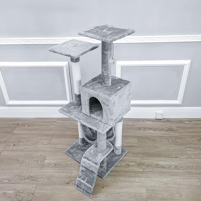 FixtureDisplays® 19.7X23X49" Cat Tree Condo Furniture with Sisal-Covered Scratching Posts, Plush Condo, 2 Platforms, Perch Hammock for Kittens, Cats and Pets Light Gray 12240-NEW-NF