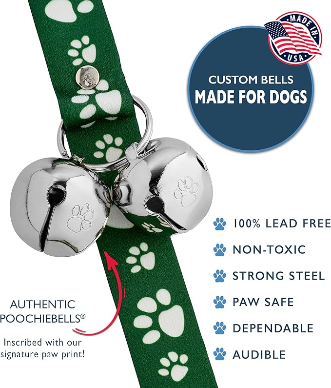 PoochieBells Dog Doorbell, Dog Potty Training Bells, Dog Safe USA-Made w/Perfect Sound,Dog Trainer Approved, Housetraining Made Easy & Quick, Sig Tracks Green